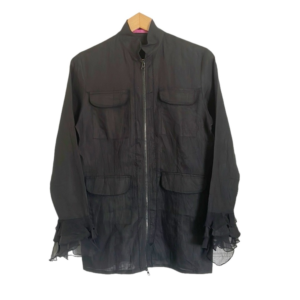 Mariella Burani Black Linen Ruffled Sleeve Front Zip Goth Light Jacket size M